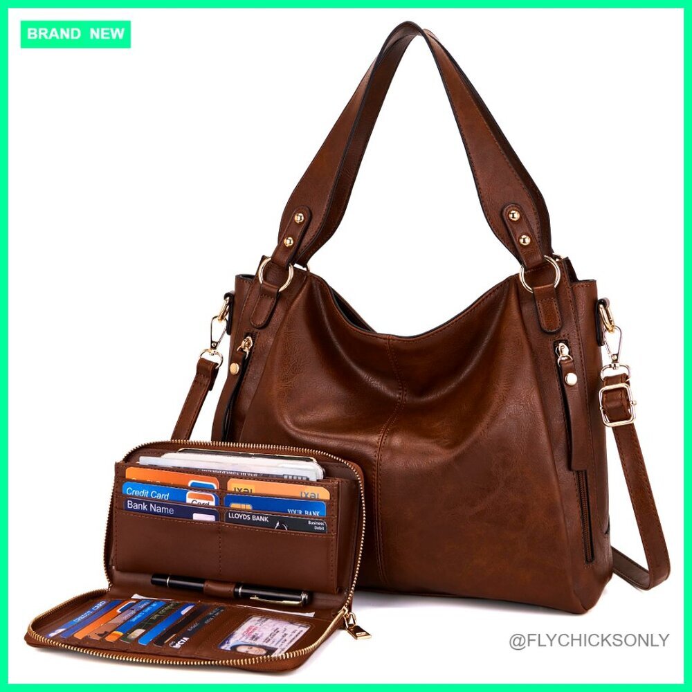 Large Hobo Tote with Wallet Set, Vegan Leather, Adjustable Strap, Multi-Pocket